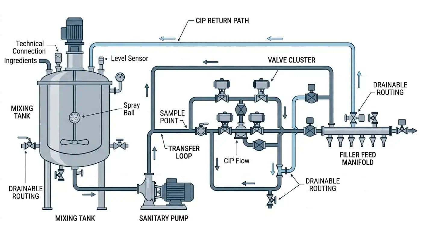Sanitary Piping Layout for Cosmetic Manufacturing Sanitary piping layout for cosmetic manufacturing with drainable routing, mixing tank, transfer loop, and filler feed