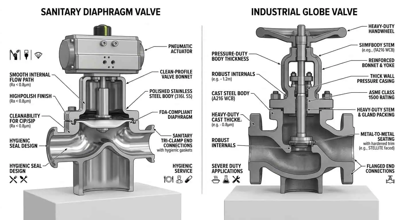 Sanitary Valve vs Industrial Valve Internal Design Sanitary valve vs industrial valve internal design comparison showing hygienic flow path and pressure-duty construction