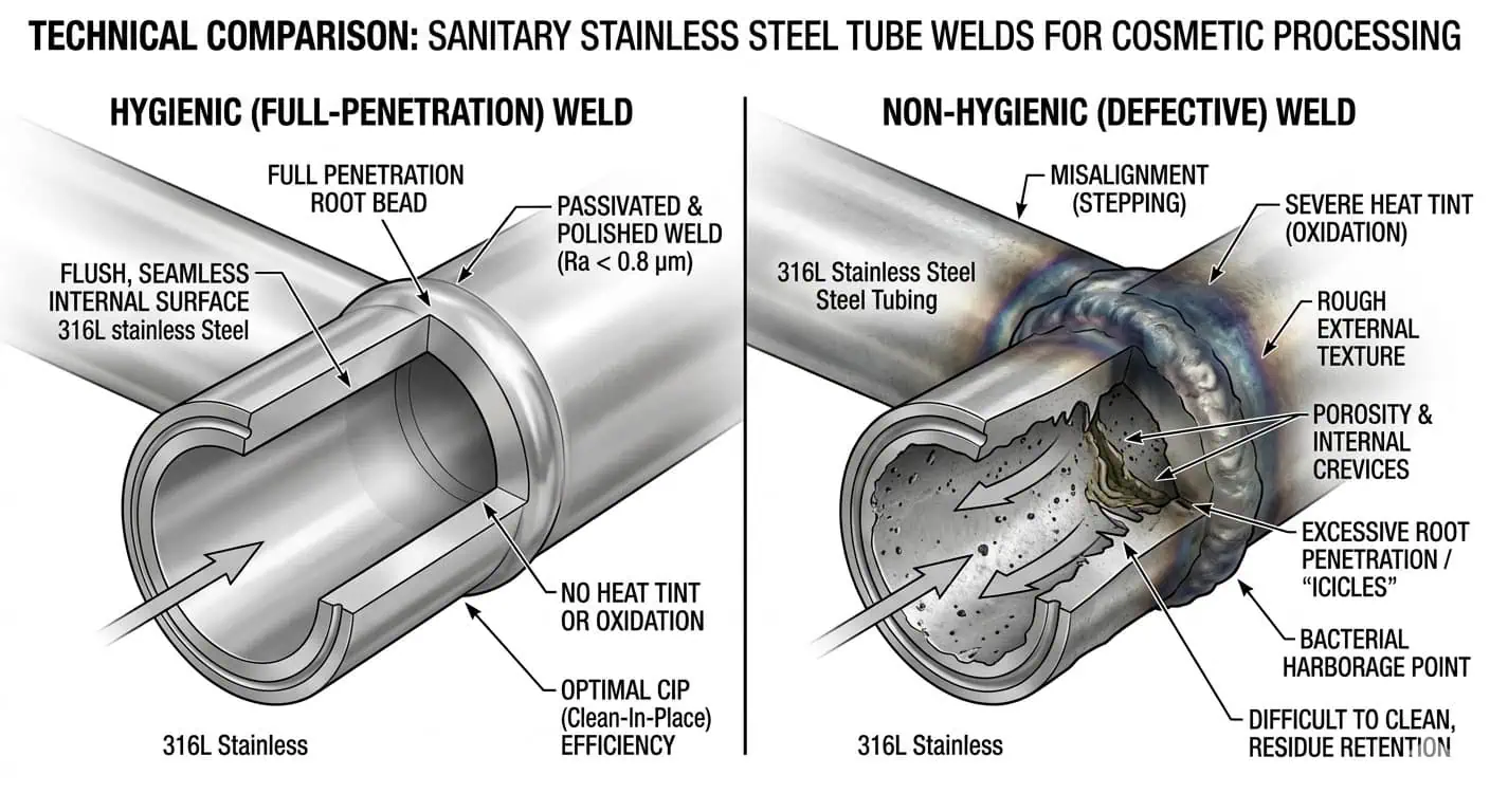 Sanitary Weld Profile and Surface Finish Sanitary weld profile and surface finish for cosmetic process piping showing cleanable and poor weld conditions