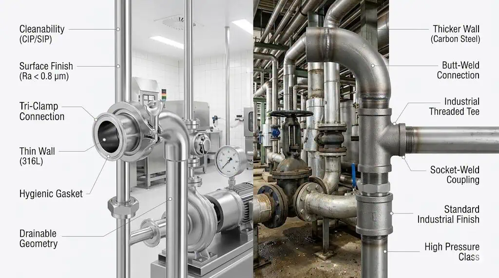 Sanitary vs Industrial Pipe Fittings Side-by-Side Comparison Sanitary vs industrial pipe fittings side-by-side comparison showing hygienic design features and pressure-duty construction