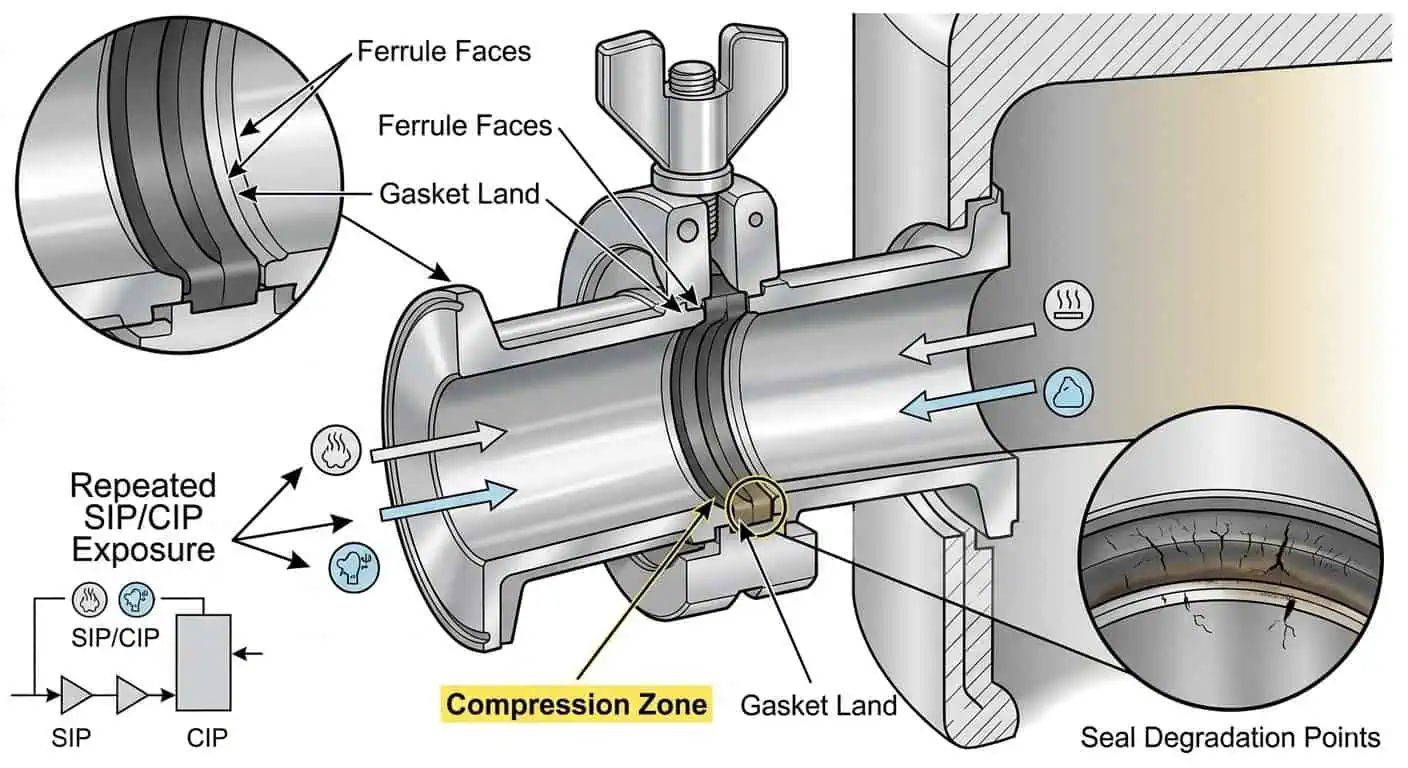 Seal-Control Risk at Clamp-Type Fermentation Assemblies Seal-control risk at clamp-type fermentation assemblies showing ferrule faces, gasket land, compression zone, steam exposure, chemical exposure, and reassembly variation