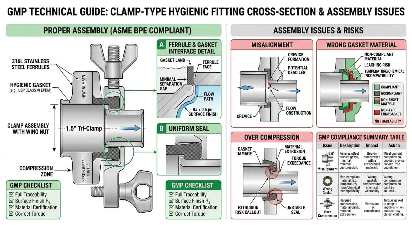 Seal-Control Risk at Clamp-Type Fittings Seal control risk at clamp type fittings showing ferrule faces gasket land compression zone misalignment and seal damage points