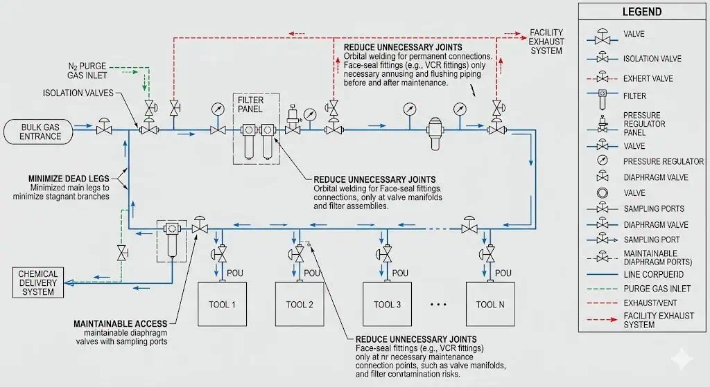 Semiconductor high purity piping layout optimization Layout optimization for semiconductor high purity piping systems to reduce dead legs and unnecessary joints