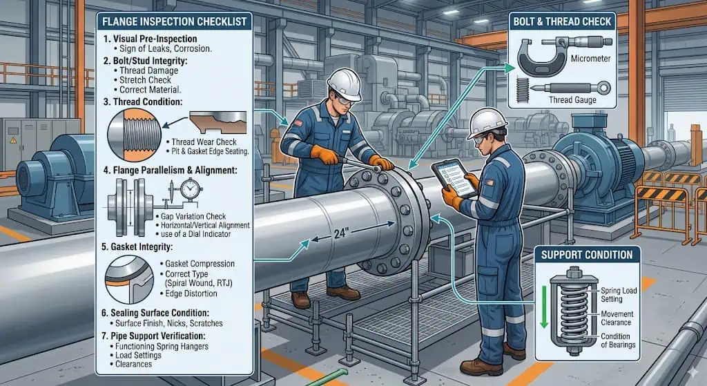 Shutdown and Restart Inspection for Power Plant Flanges Shutdown and restart inspection for power plant flanges showing bolt condition thread damage flange alignment support checks and gasket edge review