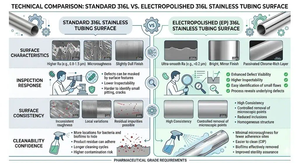 Standard 316L vs Electropolished 316L Surface Comparison Standard 316L vs electropolished 316L surface comparison for pharmaceutical hygienic piping showing finish consistency inspection response and cleanability confidence