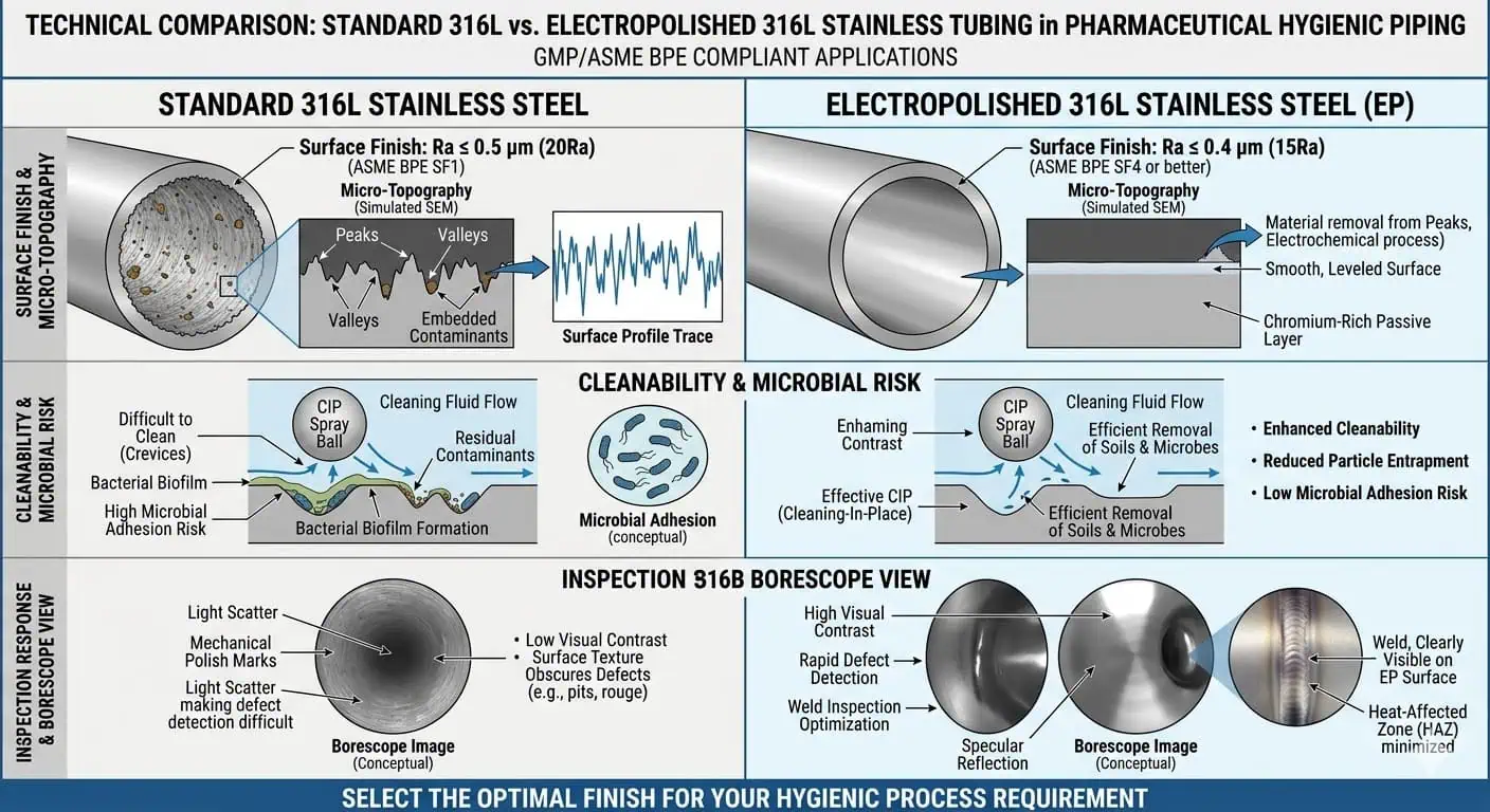 Standard 316L vs Electropolished 316L in Pharma Service Standard 316L versus electropolished 316L comparison in pharmaceutical hygienic piping showing finish consistency cleanability and inspection response