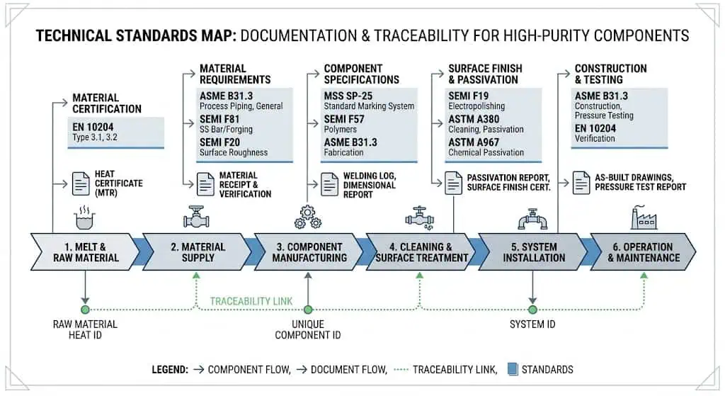 Standards for documentation and traceability Standards for documentation and traceability of high purity components including ASME B31.3 EN 10204 MSS SP-25 SEMI F19 F20 F57 F81 ASTM A380 and ASTM A967