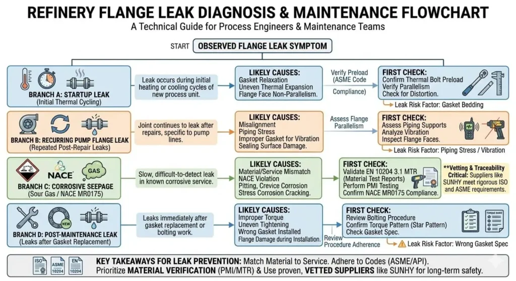 refinery flange leak diagnosis flowchart by symptom and first check