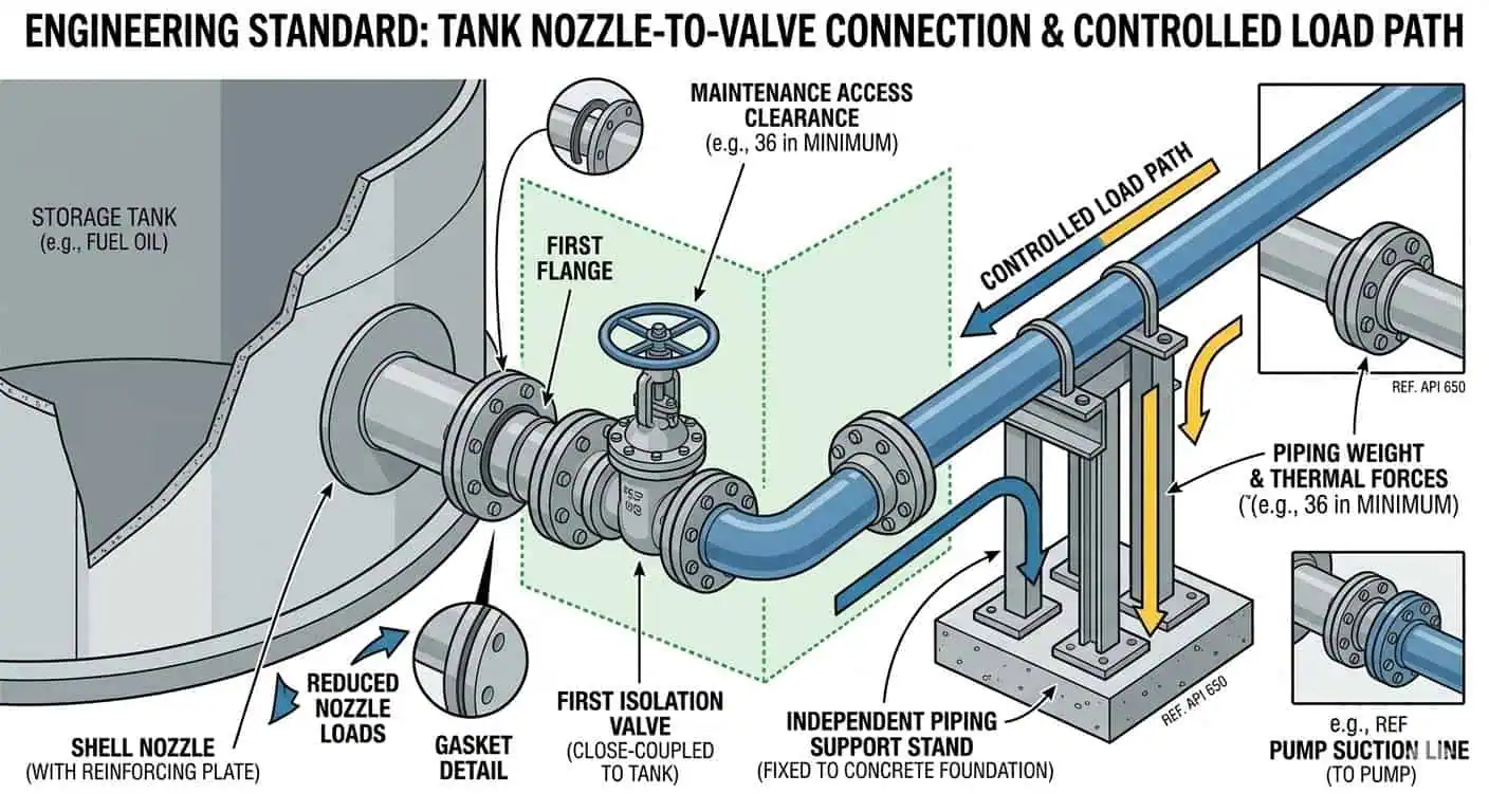 Tank Nozzle to First Flange Best Practice Layout Tank nozzle to first flange best practice layout showing close-to-shell isolation valve, first flange, support, and maintenance clearance