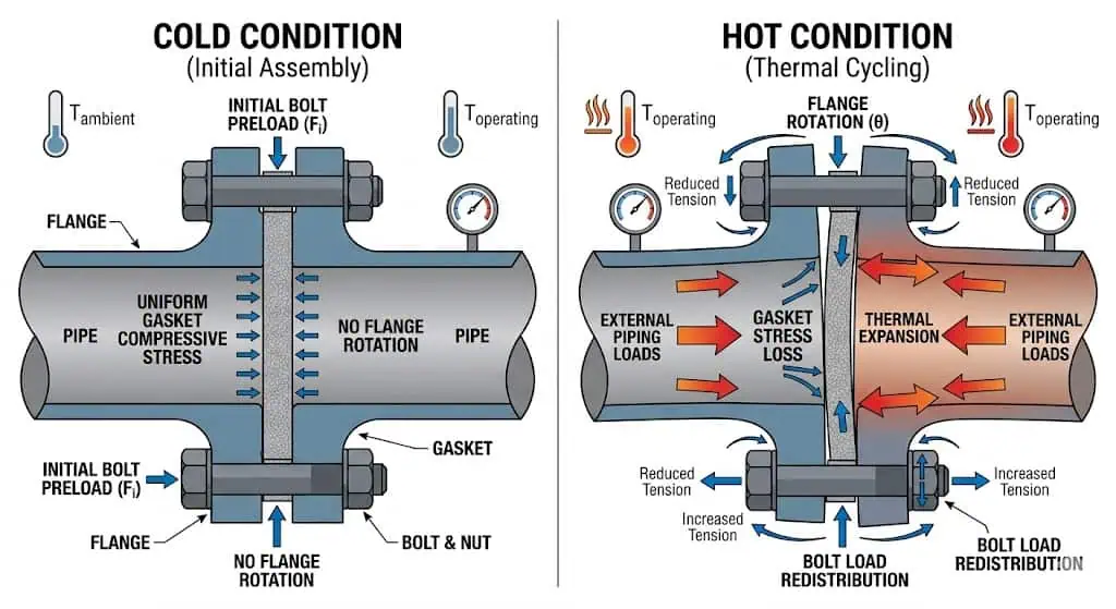 Thermal Cycling Effects on Flanged Joints Thermal cycling effects on flanged joints showing gasket stress loss bolt load redistribution flange rotation and leakage risk