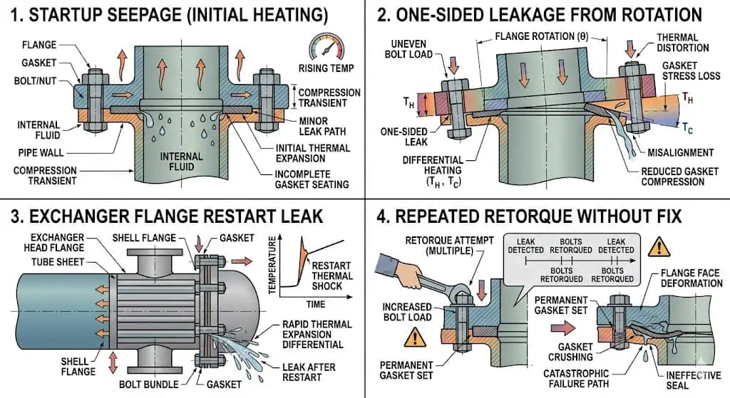 Thermal Cycling Failure Modes in Flanged Joints Thermal cycling failure modes in flanged joints including startup leakage one sided compression loss exchanger restart leaks and repeated retorque failure
