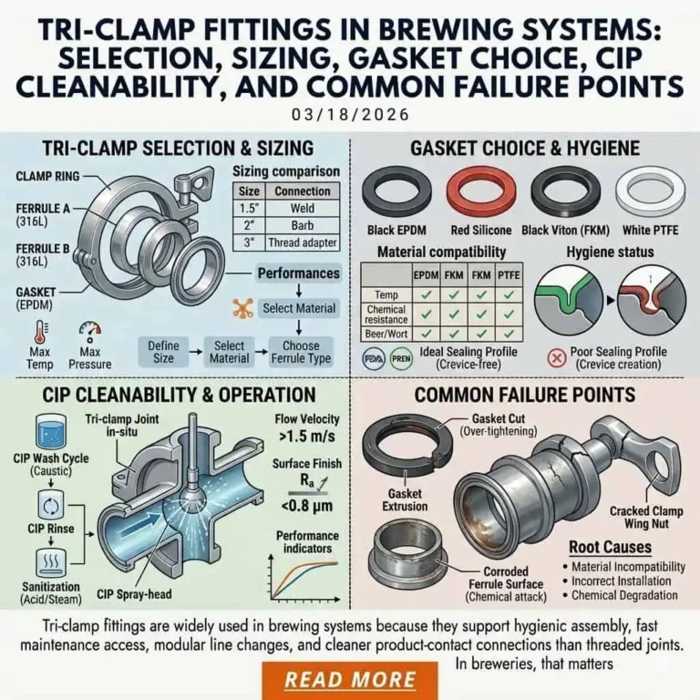 Тройные хомуты в пивоваренных системах: Выбор, подбор размеров, выбор прокладок, очищаемость CIP и типичные точки отказа