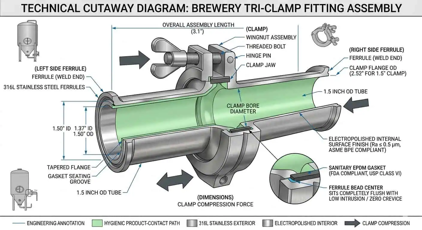 Tri-Clamp Joint Anatomy for Brewing Systems Tri-clamp joint anatomy for brewing systems showing ferrules gasket clamp and hygienic product-contact path