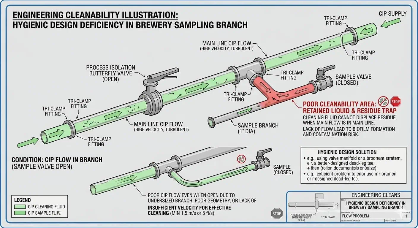 Tri-Clamp and CIP Risk at Sample Branches Tri-clamp and CIP risk at sample branches in brewery systems showing poor local flow and retained liquid