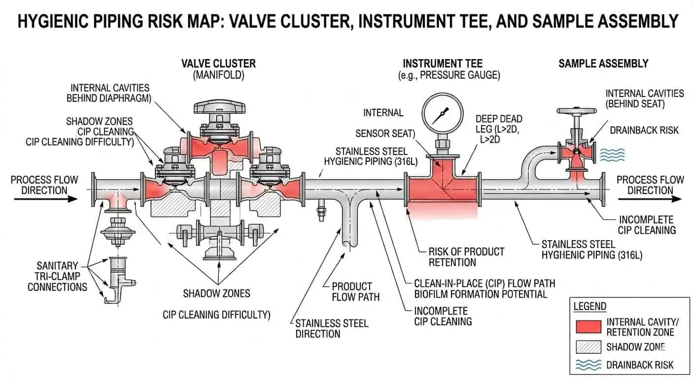 Valve Cluster and Instrument Tee Cleanability Risk Map Valve cluster and instrument tee cleanability risk map in hygienic piping CIP design