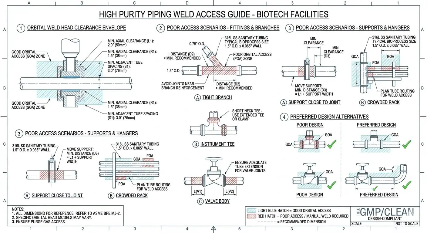 Weld Access and Orbital Welding Feasibility Map Weld access and orbital welding feasibility map for biotech high purity piping showing good and poor weld access zones