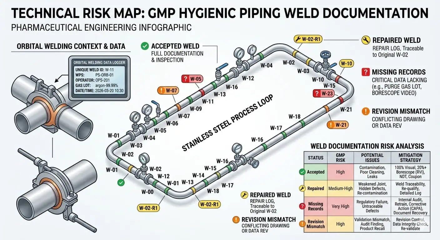 Weld Documentation Closure Risk Map Weld documentation closure risk map showing weld numbers, inspection status, repair points, and revision mismatch in a pharma piping loop
