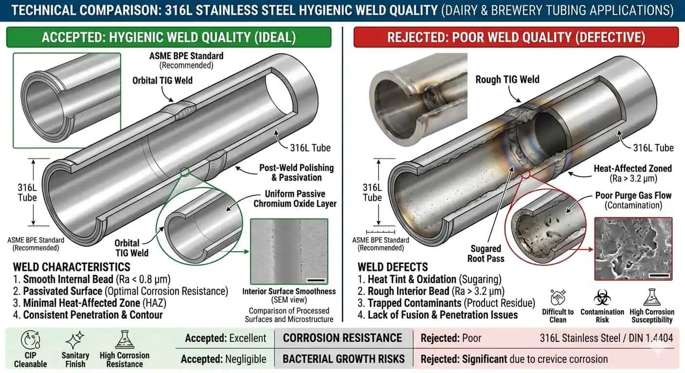 Weld Quality and Post-Treatment Effect on 316L Hygienic Performance Effect of weld quality and post-treatment on 316L hygienic stainless performance in dairy and brewery systems