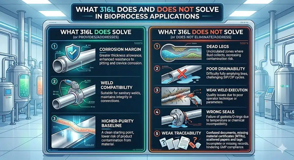 What 316L Does and Does Not Solve What 316L does and does not solve in bioprocess applications comparing corrosion margin and weld compatibility against dead legs, poor drainability, weak weld execution, wrong seals, and weak traceability