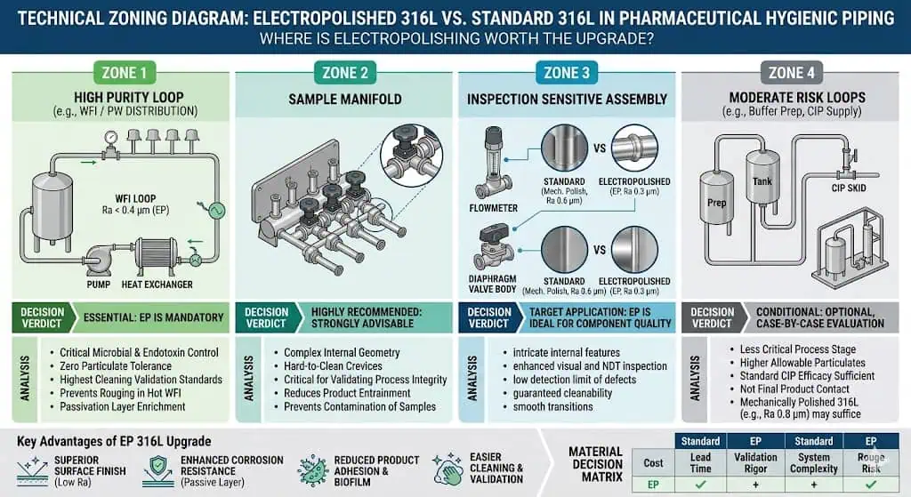 Where Finish Upgrade Is Worth It in Pharma Systems Where finish upgrade is worth it in pharma systems showing high purity loops inspection sensitive assemblies sample manifolds and lower risk areas
