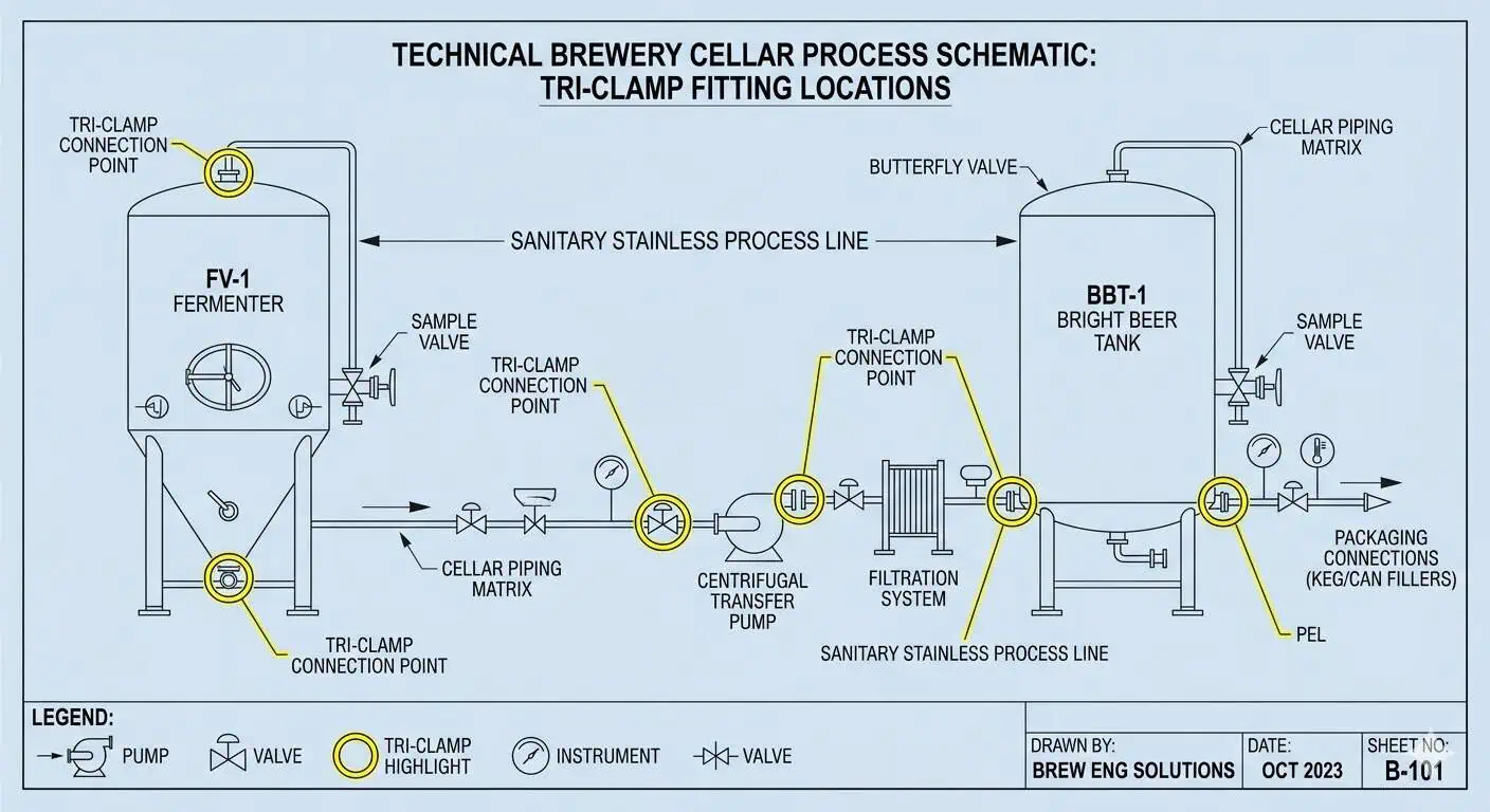 Where Tri-Clamp Fittings Are Used in a Brewery Where tri-clamp fittings are used in a brewery including fermenters bright beer tanks pumps filters and packaging connections