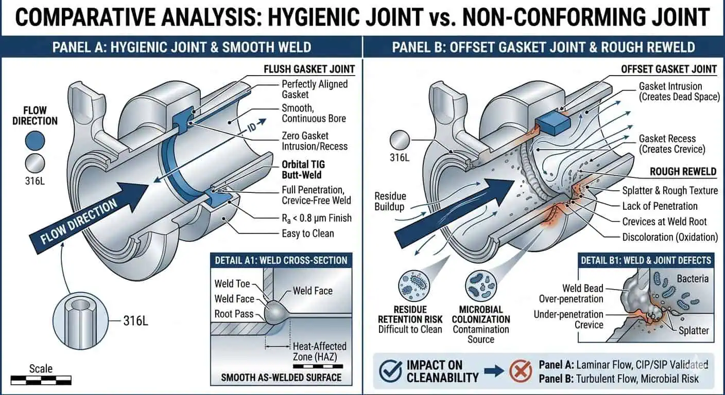 Hygienic Joint Flushness and Weld Condition Hygienic joint flushness and weld condition affecting cleanability in process systems