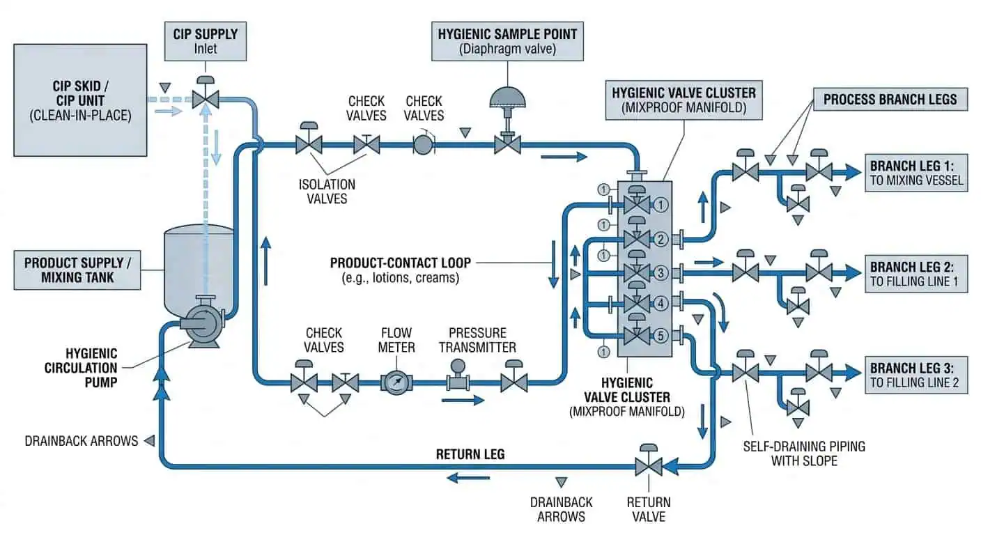Hygienic process system CIP flow path and drainback behavior in cosmetic and personal care production
