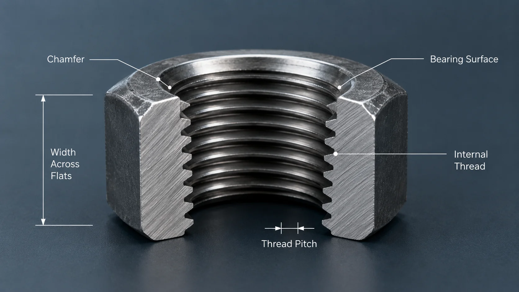 Hex Nut Structure Diagram Hex nut structure diagram showing internal thread chamfer bearing surface and thread pitch