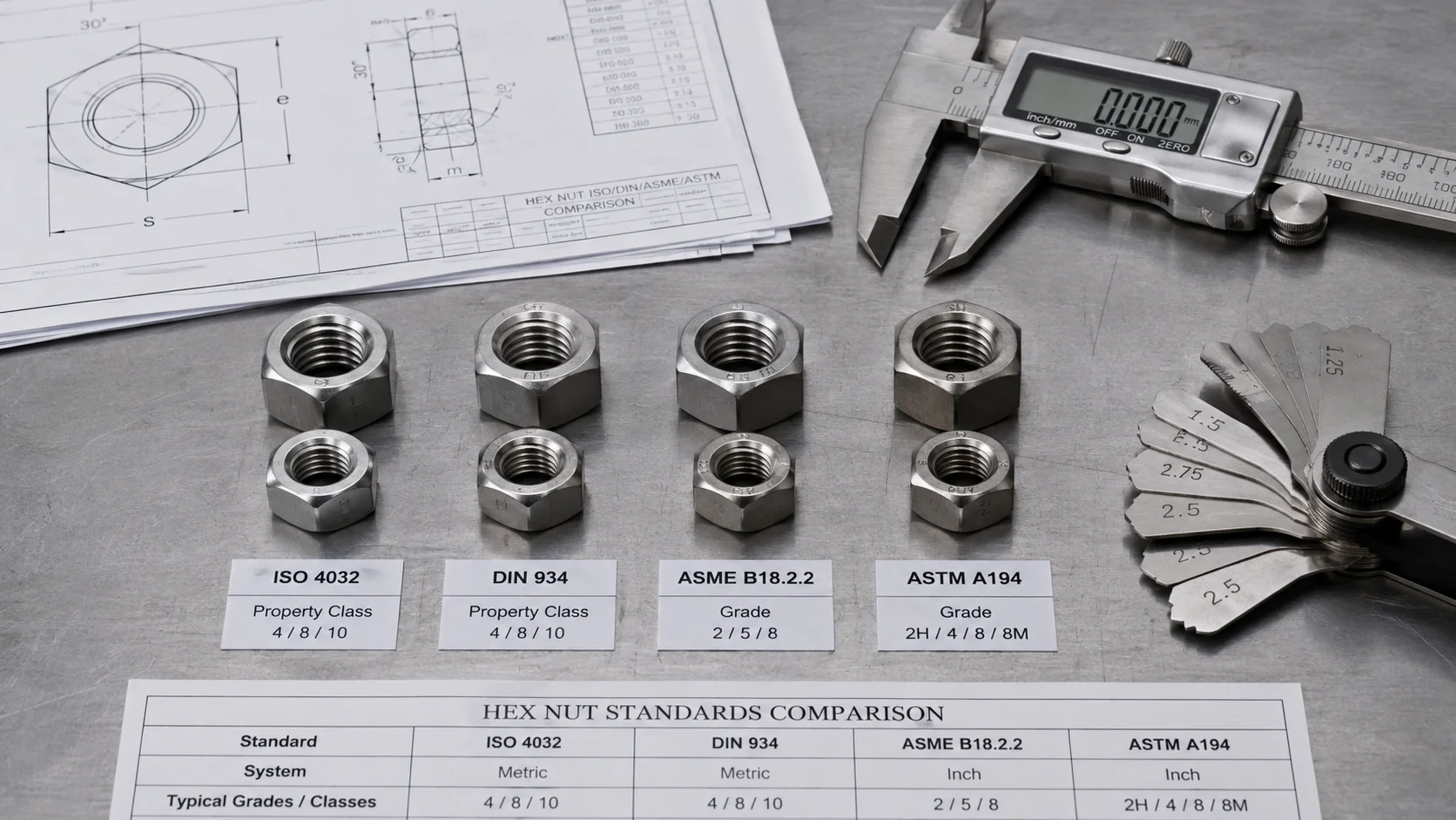 Hex Nut Standards Comparison ISO DIN ASME ASTM hex nuts standard comparison with engineering drawing