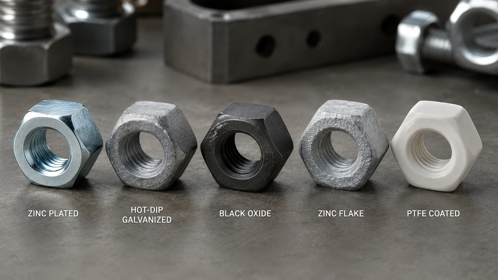 Hex Nut Coating Comparison Hex nut coating comparison zinc plated hot dip galvanized black oxide zinc flake PTFE