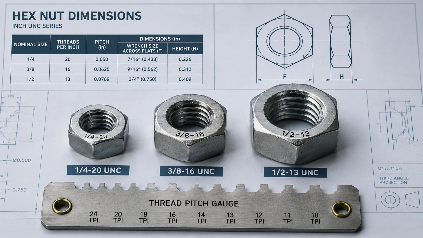 Comparaison des dimensions d'écrous hexagonaux en pouces pour filetages UNC et UNF Comparaison des dimensions d'écrous hexagonaux en pouces pour les filetages UNC et UNF