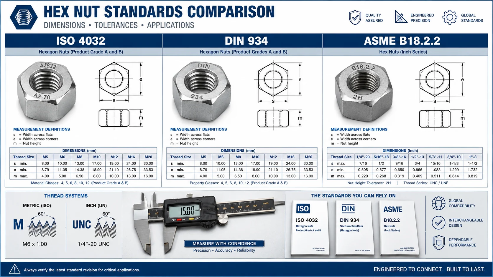 Comparaison des normes de dimensions d'écrous hexagonaux ISO DIN ASME Comparaison des normes de dimensions d'écrous hexagonaux ISO DIN ASME