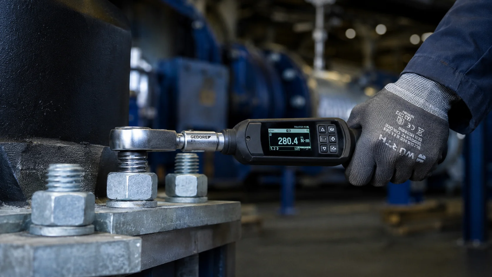 Hex Nut Torque and Preload Installation Digital torque wrench tightening M24 high strength hex nut for preload control
