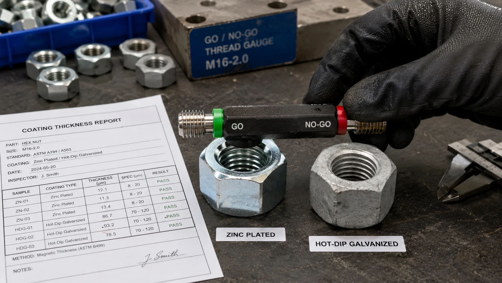 Inspection par calibre passe-pas pour écrous hexagonaux revêtus Inspection par calibre passe-pas pour écrous hexagonaux revêtus