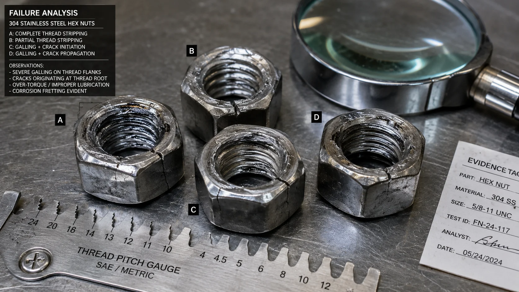 Hex Nut Failure Analysis Hex nut failure analysis showing stripped threads galling and cracking