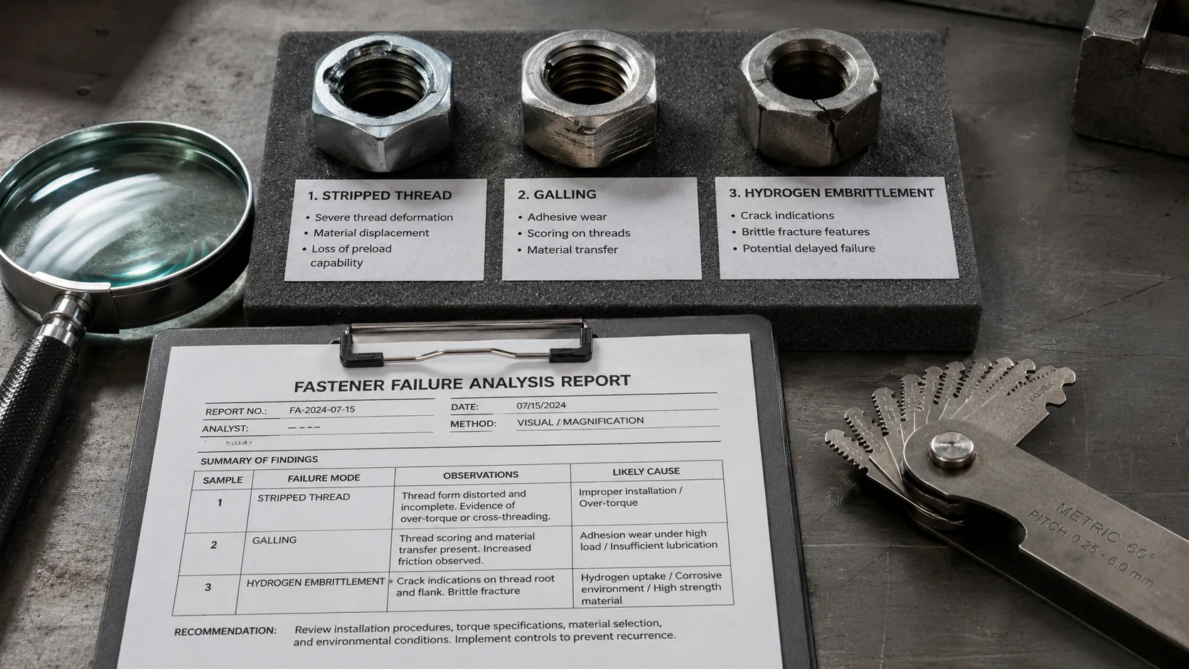 Hex Nut Failure Analysis Showing Galling and Hydrogen Embrittlement Hex nut failure analysis showing thread stripping galling and hydrogen embrittlement
