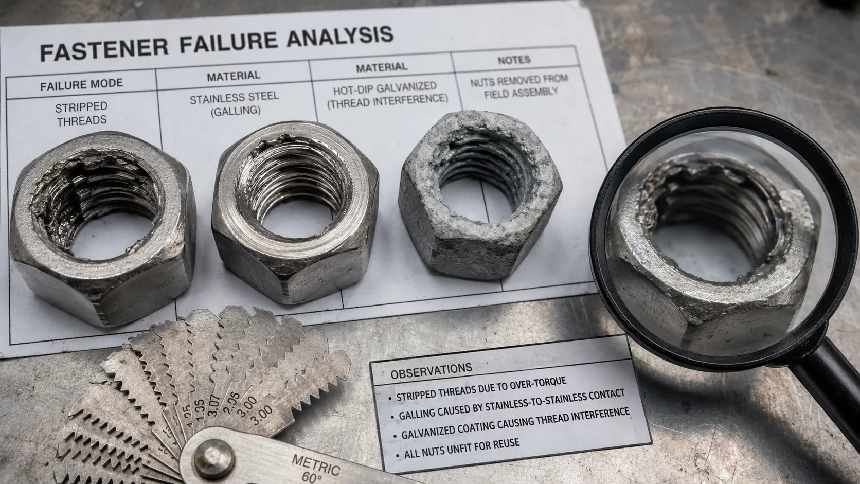 Hex Nut Failure Analysis: Stripped Threads, Galling and Thread Fit Issues Hex nut failure analysis showing stripped threads galling and galvanized thread fit issue