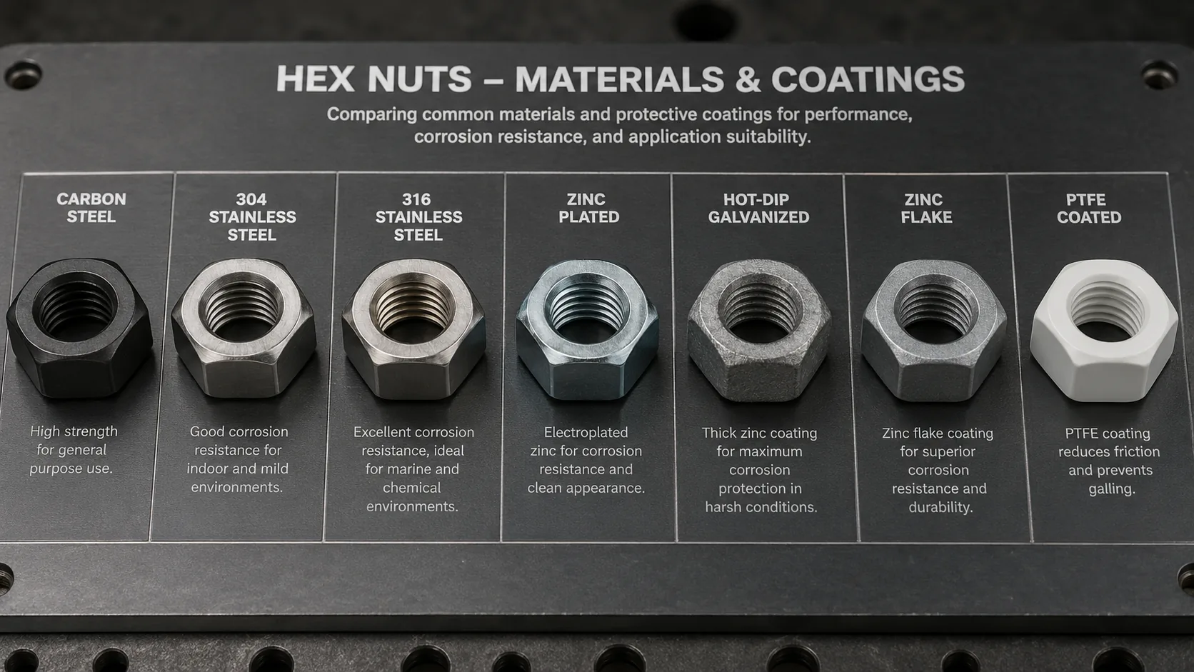 Hex Nut Material and Coating Comparison Hex nut material and coating comparison for carbon steel stainless steel zinc plated HDG PTFE