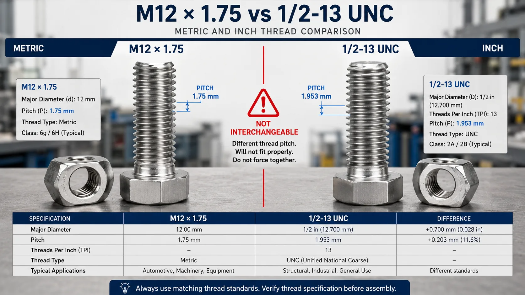 Metric M12 Thread vs 1/2-13 UNC Inch Thread Comparison Metric M12 thread vs 1/2-13 UNC inch thread comparison