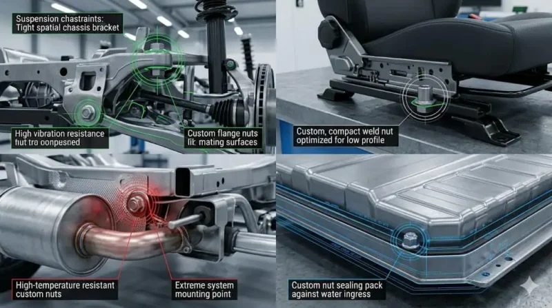 Automotive applications requiring custom nuts for chassis seat exhaust and battery pack assemblies