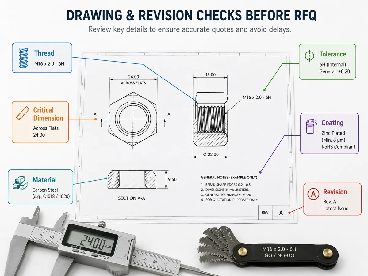 Révision de dessin de fixation non standard et vérification de tolérance de filetage Examen du dessin de fixation non standard avec tolérances de filetage, revêtement, matériau et indications de révision avant la demande de devis