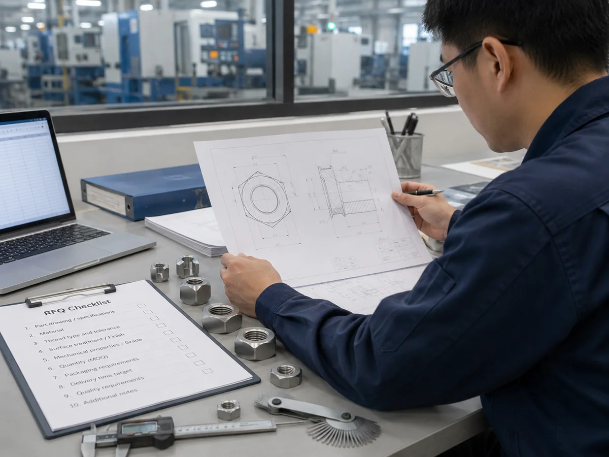 OEM buyer reviewing custom nut drawing, sample parts and RFQ checklist before contacting a custom nut manufacturer in China