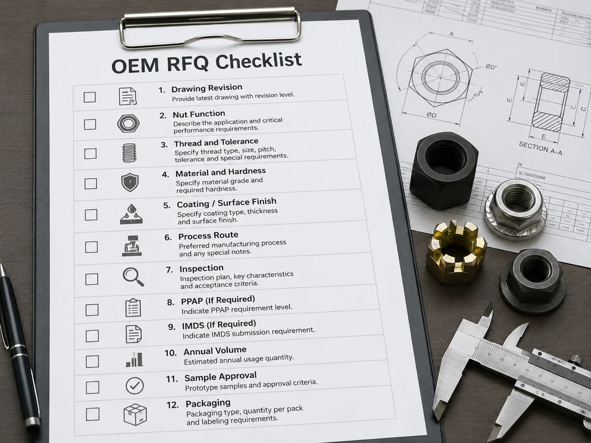Liste de contrôle de demande de devis OEM pour fixations non standard avant devis Liste de contrôle de demande de devis OEM pour les fixations non standard, y compris le dessin, le filetage, le matériau, le revêtement, l'inspection, le PPAP, l'IMDS et les exigences d'emballage