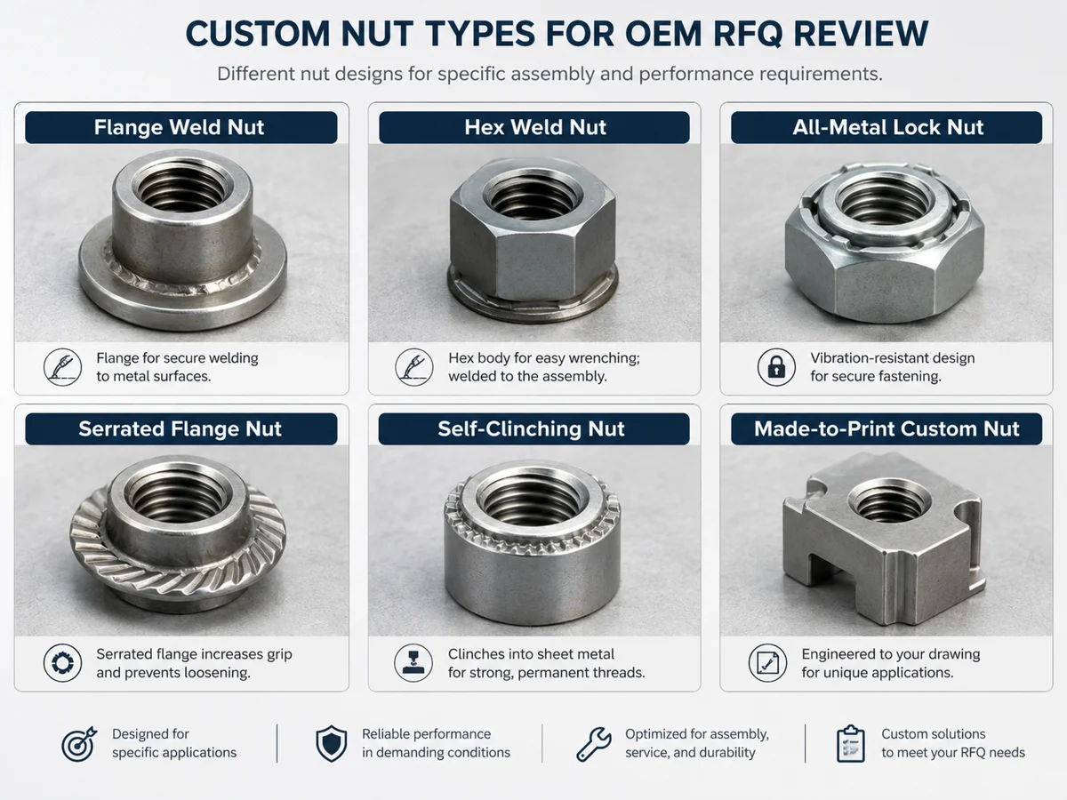 Types de fixations non standard pour examen de demande de devis OEM Comparaison des types de fixations non standard, y compris les écrous personnalisés, les boulons spéciaux, les goujons à souder, les broches, les entretoises et les fixations auto-serties pour l'examen des demandes de devis OEM