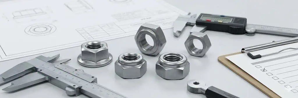 Custom automotive nuts on an inspection desk with drawing, caliper and quality checklist for PPAP review