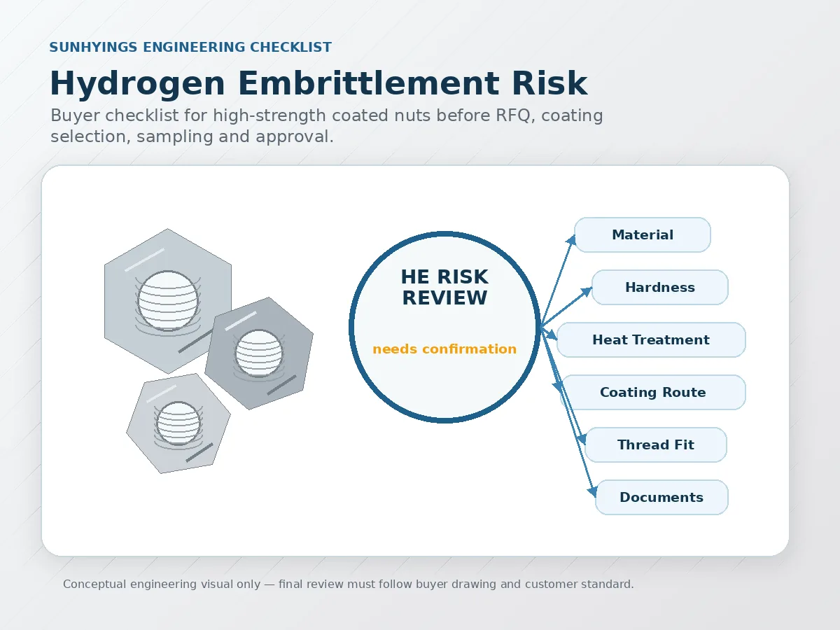 Hydrogen embrittlement risk in high strength coated nuts buyer checklist showing material hardness coating route thread fit and approval requirements