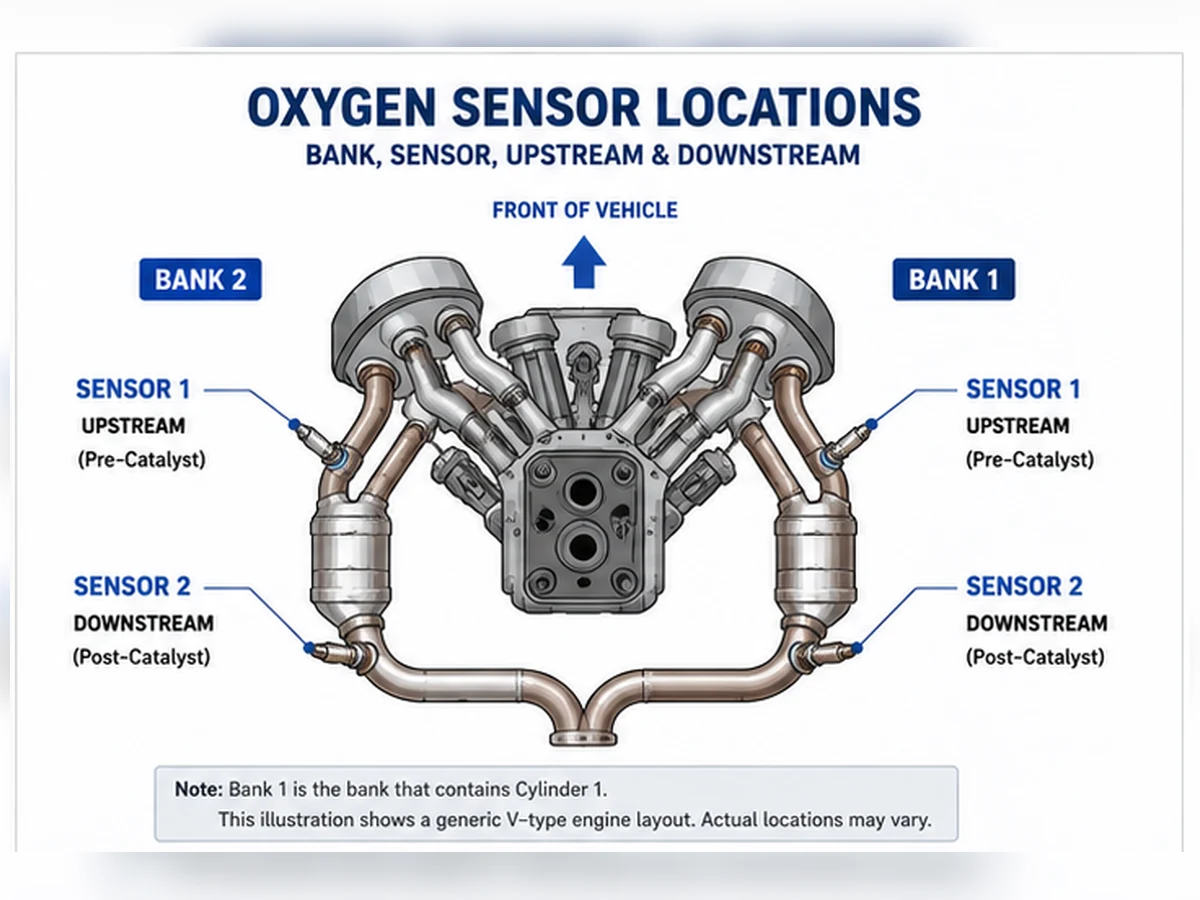 Bank and Oxygen Sensor Position Diagram Generic dual-bank exhaust layout showing Bank 1, Bank 2, upstream Sensor 1 and downstream Sensor 2 positions.