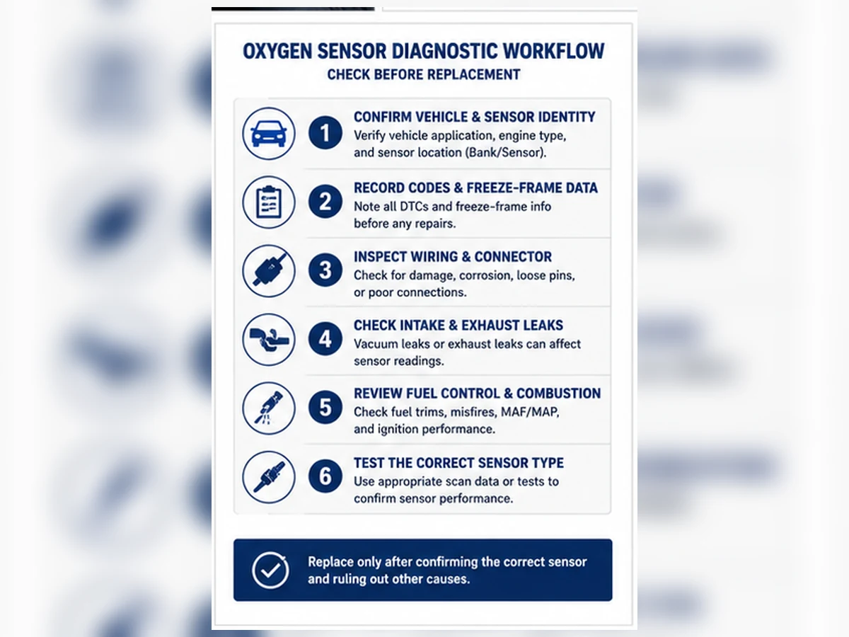 Six-Step Oxygen Sensor Diagnostic Workflow Complete six-step oxygen sensor diagnostic workflow before replacement.