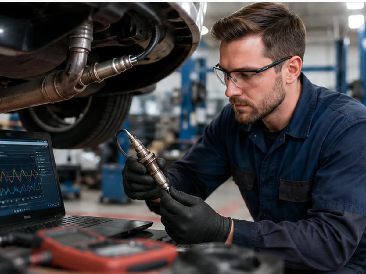 Oxygen Sensor Diagnosis Before Replacement Technician inspecting a generic oxygen sensor beside a vehicle exhaust system and diagnostic equipment.