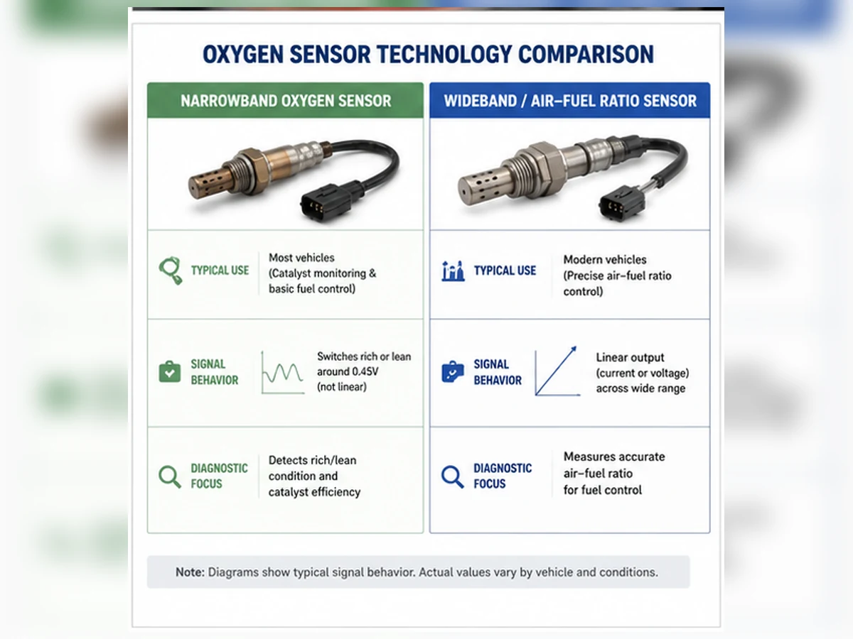 Narrowband vs Wideband Oxygen Sensor Comparison Conceptual comparison of narrowband and wideband oxygen sensor technology and diagnostic focus.